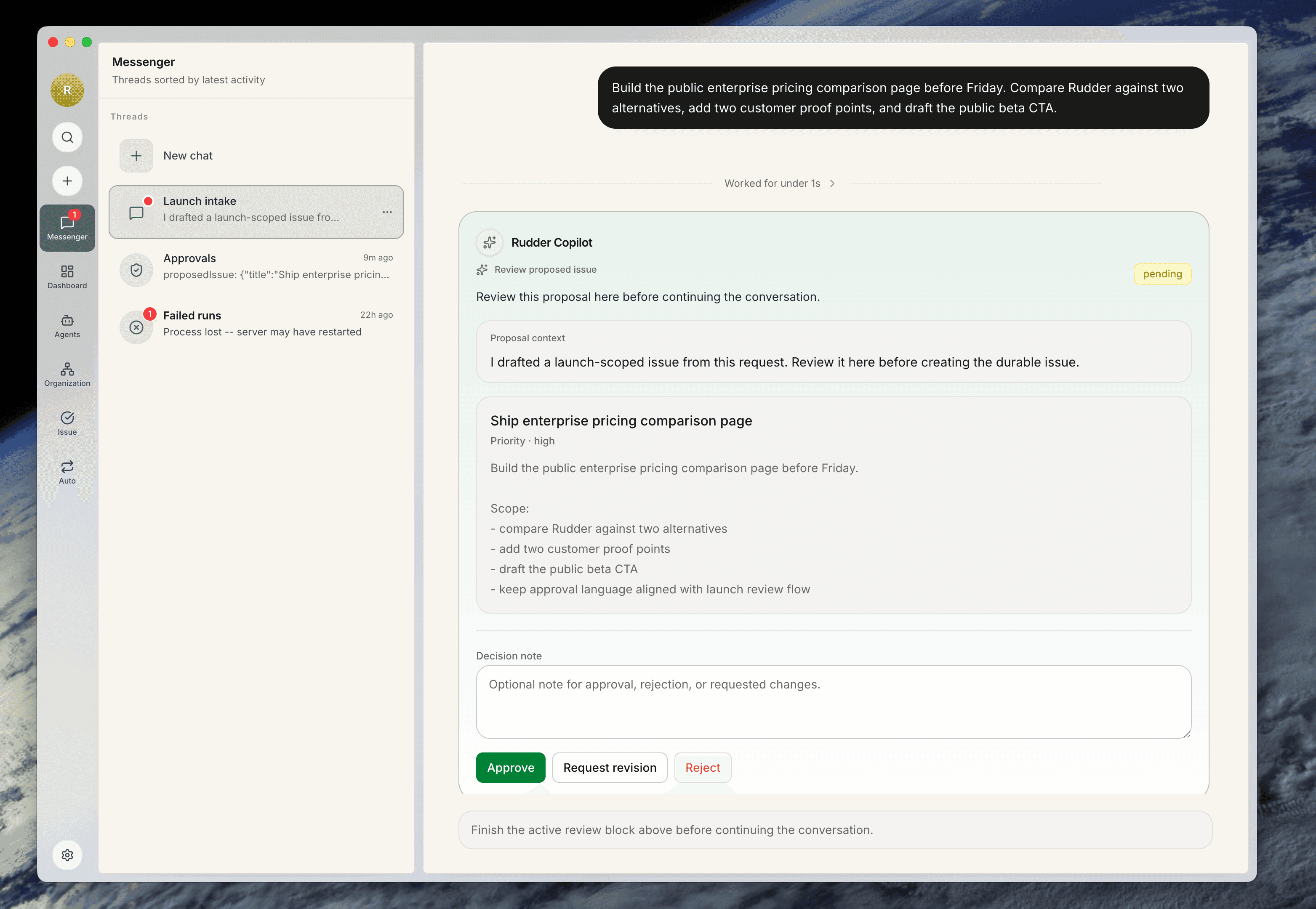 Rudder Messenger creating an issue from a conversation