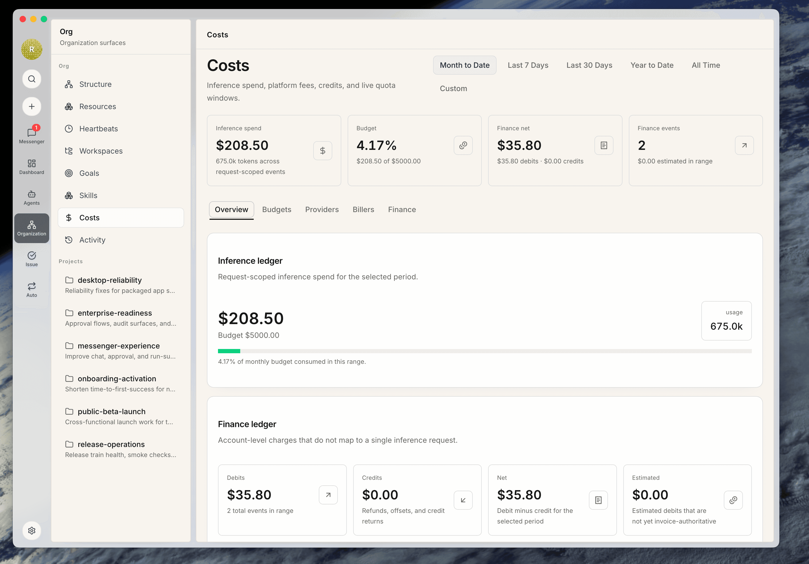 Rudder costs page showing spend, budget, and finance ledger